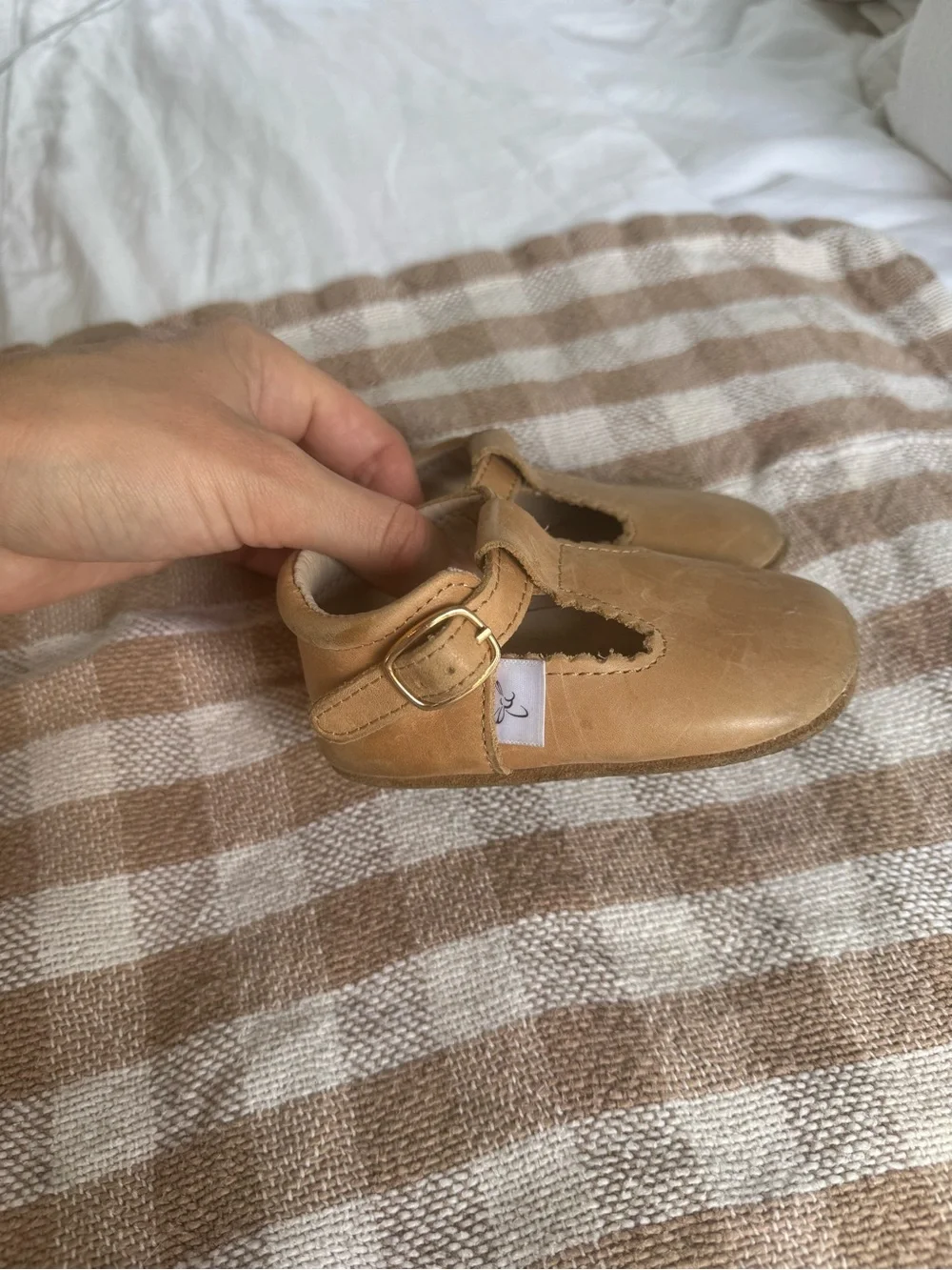 Kids Classic T-Strap Moccasins in Tan